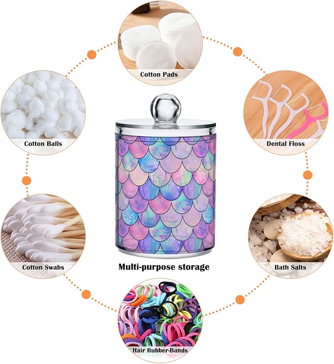 MNSRUU 4 Pack Qtip Holder Organizer Dispenser Colorful Mermaid Scales Bathroom Containers Bathroom Vanity Storage Canister Apothecary Jars for Cotton Swabs/Pads/Floss