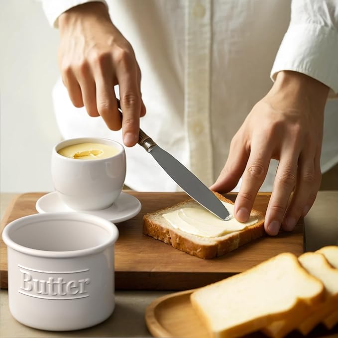 Premium Butter Crock with Lid - Original Design French Butter Dish - Beautiful Ceramic Butter Keeper for Counter with Water Line - Perfect to Keep Butter Soft and Spreadable - White
