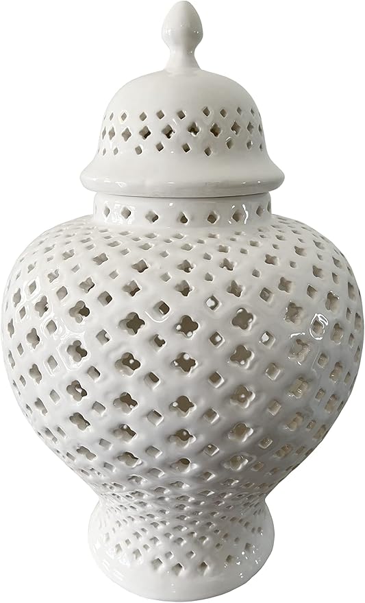 Noori Home - 100% Modern Glam Artisan Ceramic ELLA Medium White Ginger Jar Urns with Lid 9.5x9.5x14.5