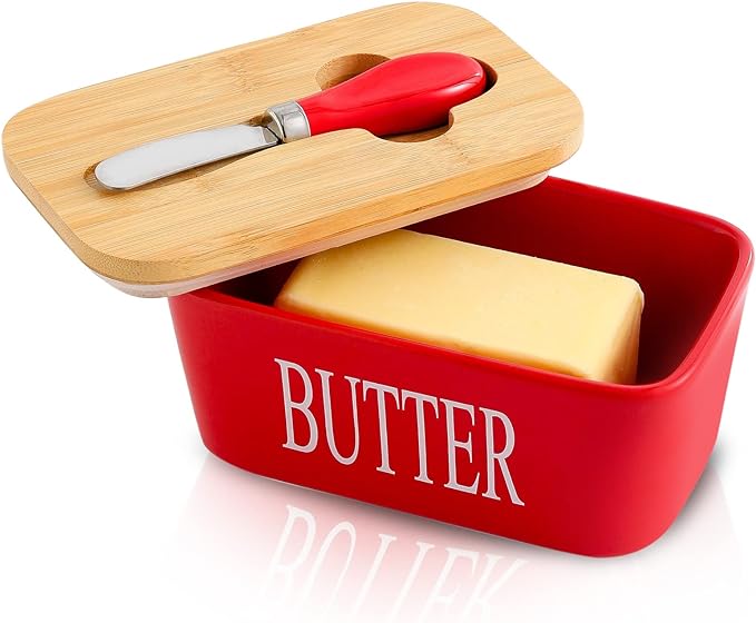 Hasense Porcelain Butter Dish with Bamboo Lid - Covered Butter Dish with Butter Knife for Countertop, Airtight Butter Container with Cover Perfect for East West Coast Butter, Red