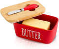 Hasense Porcelain Butter Dish with Bamboo Lid - Covered Butter Dish with Butter Knife for Countertop, Airtight Butter Container with Cover Perfect for East West Coast Butter, Red