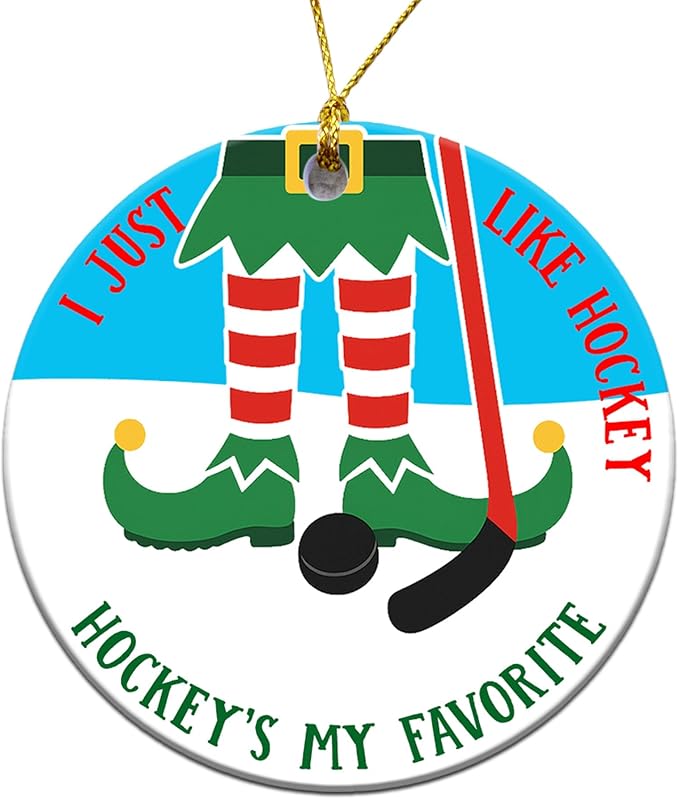 Ice Hockey Christmas Ornament -Round Ceramic 3", Holiday Tree Decoration Keepsake, Hockey Player for Boys Girls
