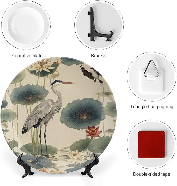 China Plates Birds And Lotus Flowers Customize Decor for Office Housewarming Gifts Wall Club Dinner Plates Unique Art with Stand, Multi Sizes by Choosing, Gifts for Men Women