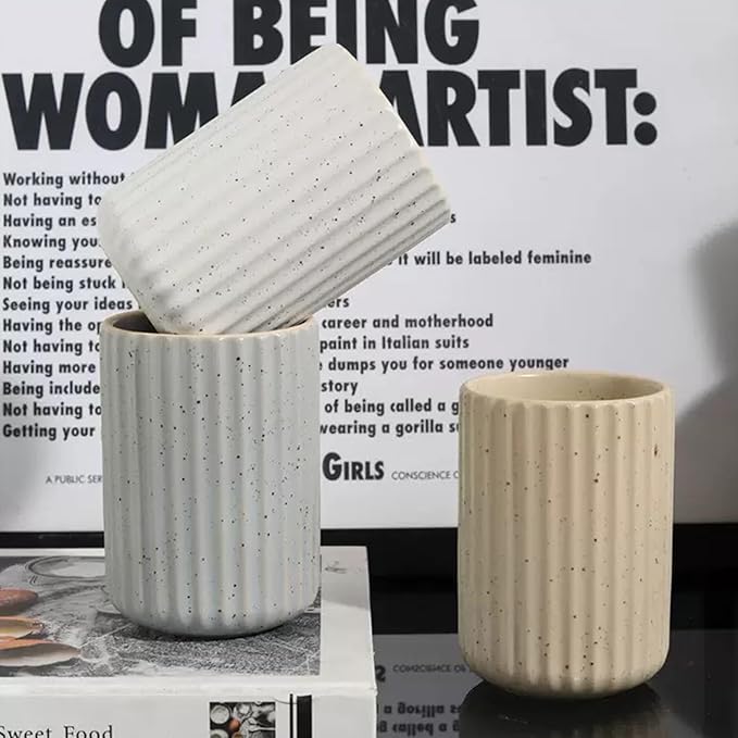 Nordic Ceramic Mug, Japanese Tea Cup 10oz Striped Cup No Handle Drinking Cup for Latte Milk Water Beverage Juice Microwave and Dishwasher Safe (Nordic White)