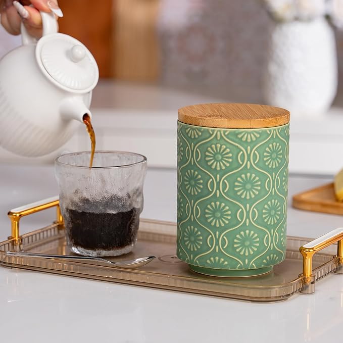 TEATALK Ceramic Canister with Airtight Lid, Perfect for Coffee, Sugar, Tea Storage, 23 Fl Oz, Green