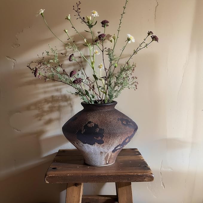 Wabi Sabi Ceramic Vase 6.7", Rustic Textured Pottery Vase, Organic Brown Black Farmhouse Vase with Wide Mouth, Watertight Flower Vase for Pampas Grass, Coffee Table & Shelf Decor