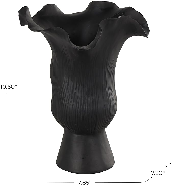 Deco 79 Ceramic Abstract Floral Inspired Vase with Wavy Folded Rim and Linear Grooves, 8" x 7" x 11", Black