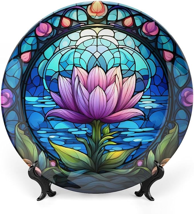 Decorative Plates for Wall Hanging, Purple Lotus Lake Landscape Stained Glass Painting Ceramic Plate w/Display Stand, Home Decor for Kitchen Cabinets, Round Tray 7 Inch, Gift for Lotus Lover
