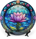 Decorative Plates, Purple Lotus Lake Landscape Stained Glass Painting Ceramic Dinner Plate Home Wobble-Plate w/ Display Stand, Wall Hanging Decor for Kitchen Household 10 Inch, Gifts for Lotus Lover
