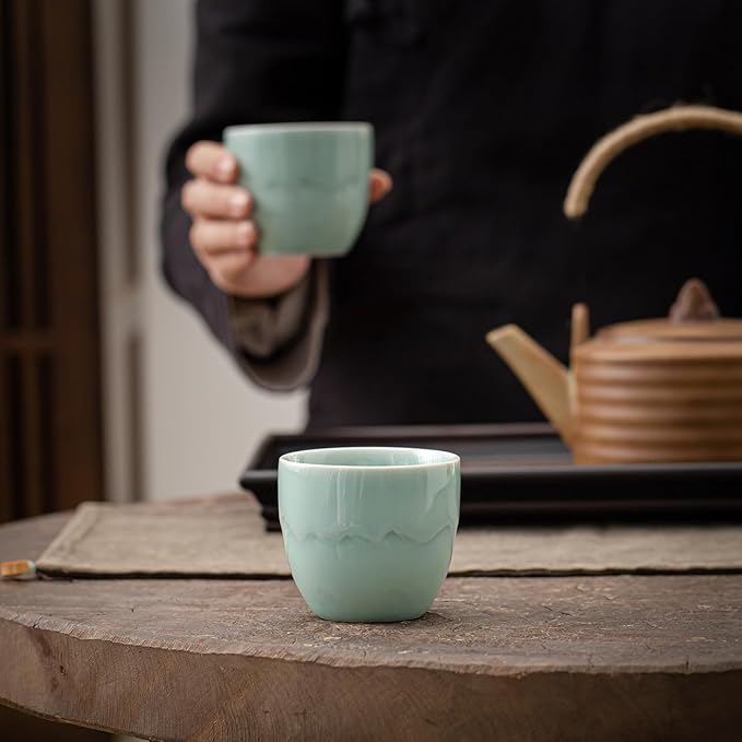 TEANAGOO Ceramic Japanese Tea Cups Set of 4pcs, 5.4oz/160ml Elegant Ceramic Matcha Cups with Flat Base, Celedon Blue Handleless Coffee Mugs, Microwave & Dishwasher Safe, Beautiful Gift Box