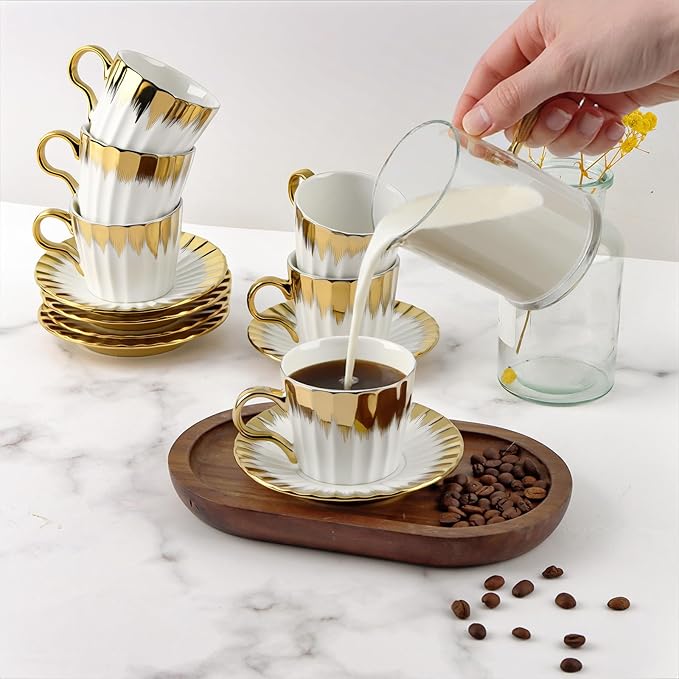 3.2oz Ceramic British Coffee Cup Set of 6, Italian Turkish Cappuccino Cups Porcelain Espresso Cups and Saucers with Gold Trim for Double Espresso Cappuccino Latte Mocha Tea