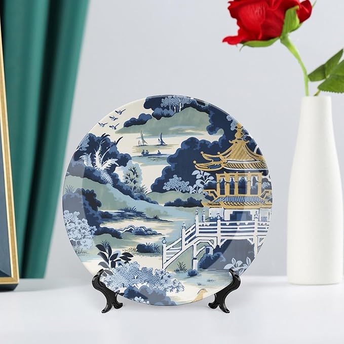 Blue And White Chinoiserie Pagoda Ming Toile Asian China Plates for Display Display Wedding Supplies Art Decoration Festival Holiday Party Decorations Personalized Gifts for Men Women Anniversary