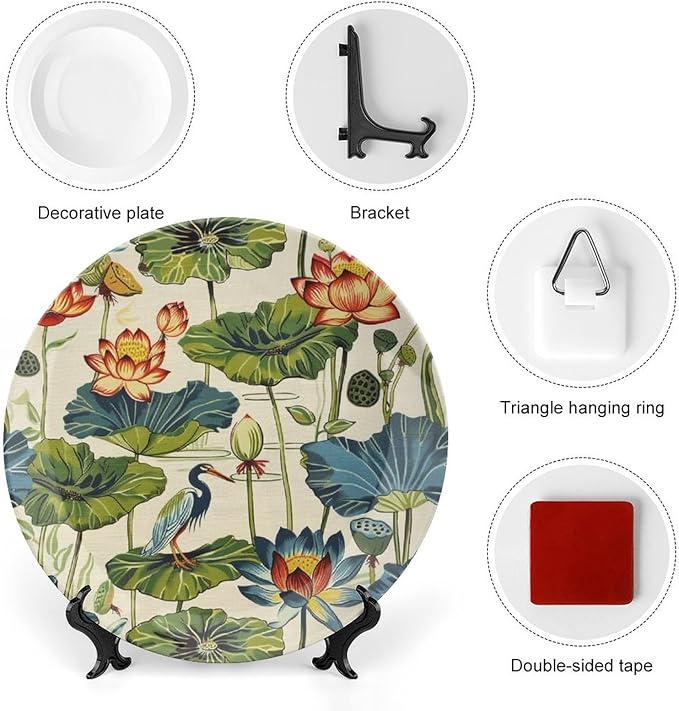 Birds And Lotus Flowers Plates Ceramic for Display Kitchen Art Decoration Supplies Wall Club Holiday Party Decorations Customize Gifts for Men Women Birthday, 6", 7", 9", 10"