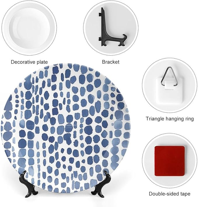 Fashion Plates Blue And White Polka Dots Personalized Decor for Housewarming Gifts Office Household Kitchen Chinese Plates 1 Plate with 1 Display Stand, Multi Sizes by Choosing, Gifts for Men Women