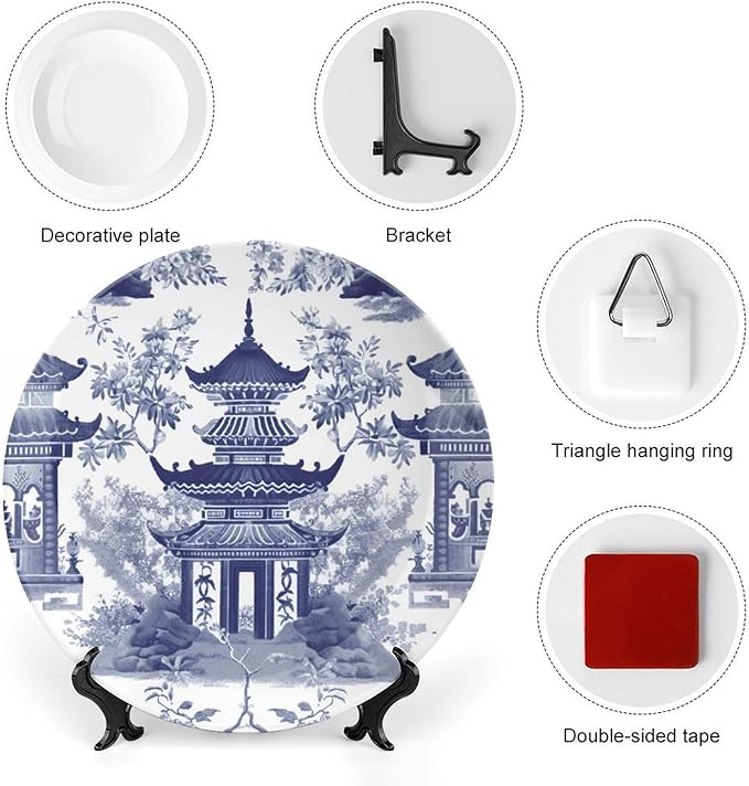 Chinoiserie Blue Asian Pagoda Plates Ceramic, Personalized Wall Decorative Plate for Wedding Wall Club Decor, Including Bracket And Special Hook Art Decorations for Art Decoration Table