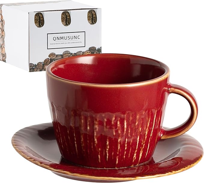 Ceramic Latte Cup with Saucer, 7 oz, Coffee Mug, Espresso Cups for Cappuccino, Milk Tea and Mocha, Dishwasher and Microwave Safe (red)