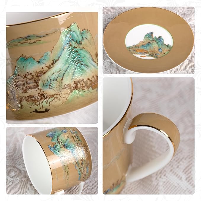 KAMMAK Tea Cups and Saucers Set of 2, Fine Bone China Coffee Cups, Stackable Espresso Mugs, Ceramic Demitasse for Coffee, Cappuccino, Latte, Americano, Tea, Large - River and Mountains