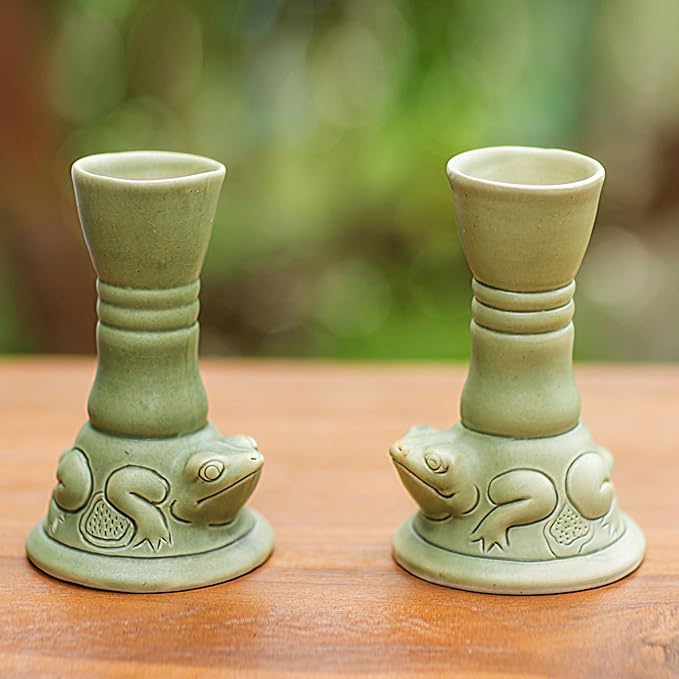 NOVICA Artisan Handmade Ceramic Candleholders Green Animal Themed Pair Indonesia Lamps Lighting Frog [candleholders Each 5in H x 3.5in W x 3.2in D] ' Yoke Frog' Pair