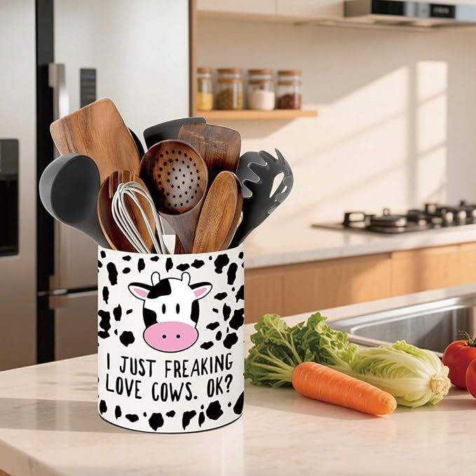 Cow Kitchen Decor, 6.5inch Ceramic Utensil Holder with Cow Design, Rustic-Style Indoor Kitchen Utensil Storage Rack, Ideal for Spoon Storage and Cooking Tools, Gift for Kitchen Organizers