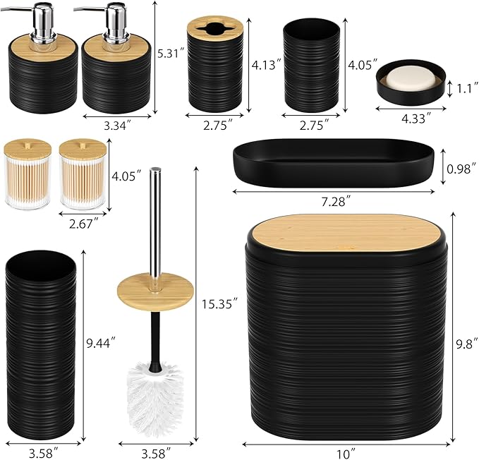 Black Bathroom Set - 10PC Bathroom Accessories Set, Luxury Bathroom Accessory Set with Trash Can,Toilet Brush & 2 PC Soap Dispensers for Apartment Decor and Housewarming