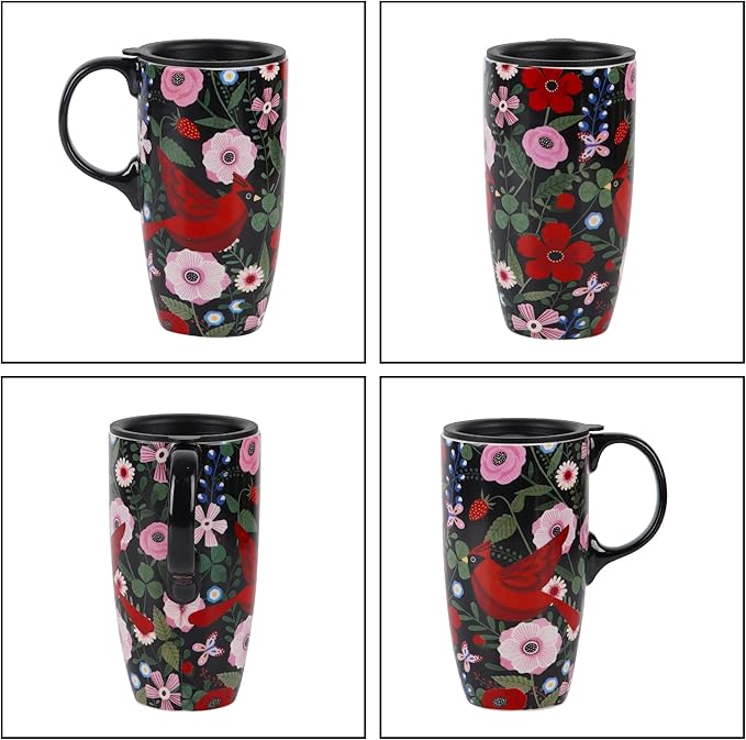Topadorn Ceramic Travel Mug Cardinal Bird Porcelain Latte Tea Cup Coffee Mug with Matched Box, 17oz.