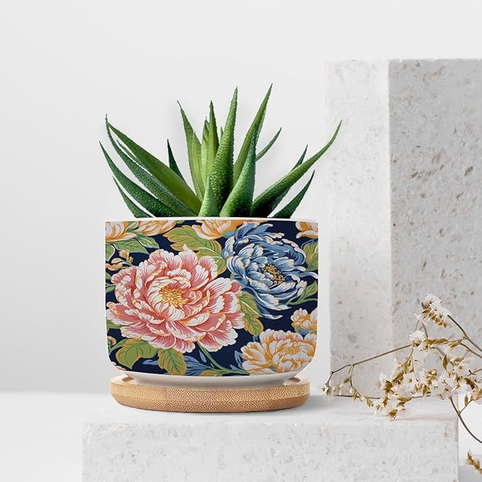 Bright and Chinoiserie Planter Ceramic Coral Peony Floral Round Plant Pot with Drainage Holes and Bamboo Tray Pot for Home Office Decoration