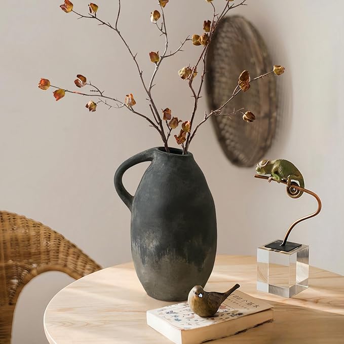 Rustic Ceramic Vase with Handle, Farmhouse Handmade Pottery Vase, Vintage Rustic Vase for Living Room, Kitchen, Home Decor, Thanksgiving, Centerpieces - 9.6 Inch