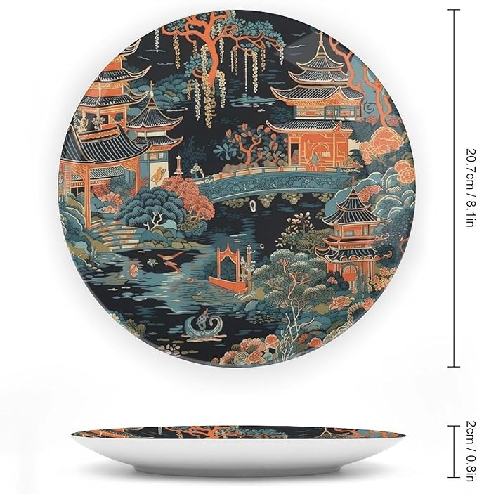 Chinoiserie Charcoal Coral Pagoda Asian Fashion Plates, Asian Scenic Pagoda Design Collector Plates for Display Wedding Office Decor, with Display Stand And Hook Up Art Decorations for Club Household