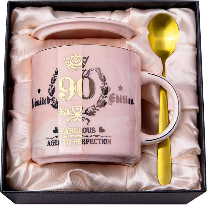90th Birthday Gifts for Women - Aged to Perfection Coffee Mug - Unique 1935 Birthday Present for Grandma Mom Wife Friend Sister, 14oz Ceramic Coffee Mug Printed Gold with Lid Spoon Card, Nice Gift Box