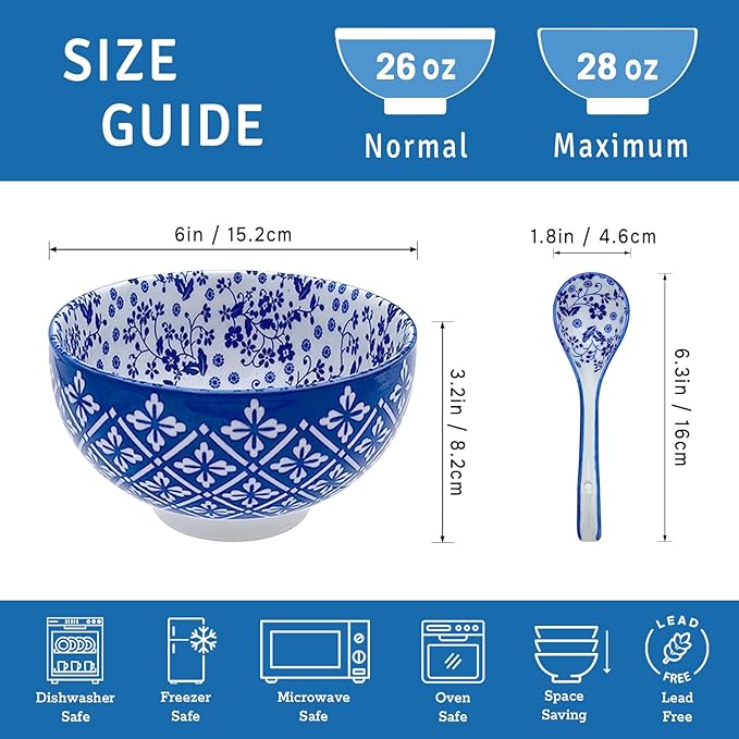 Japanese Ceramic Bowls Set of 6, 28 Oz Large Asian Porcelain Ramen Soup Salad Cereal Noodle Bowl with 6 Spoons, Deep Bowl for Kitchen Decor and Housewarming Gift, Dishwasher & Microwave Safe