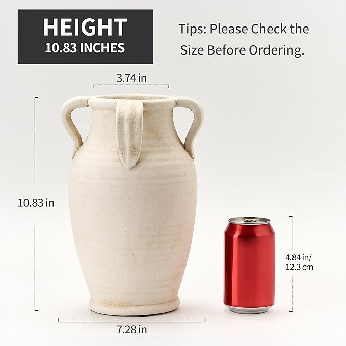Emotionally Grounded Vase, Vaseking Large Ceramic Rustic Vase with 4 Handles, 10.83 inch Minimalist Decorative Farmhouse Tall Vases for Home Decor, Living Room, Enterway, Table Decoration, White