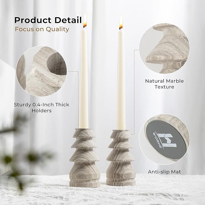 WORHE Marble Candle Holders Set of 2, Natural Stone Candlestick Holder for Christmas Decor, Wedding Centerpiece, Dining Table Fits 3/4" Taper Candles, Non-Slip Base, Grey (WH071)