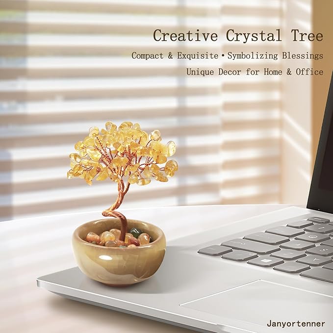 Mini Citrine Crystal Money Tree,Wealth Home Office Desk Decor,Handmade Copper Wire in Crackle Ceramic Base,Feng Shui Office Gift