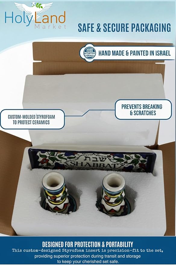 Holy Land Market Shabbat Candlesticks Set - Colorful Ceramic Shabbat Candle Holders Set with Matching Plate for Holidays, Colorful