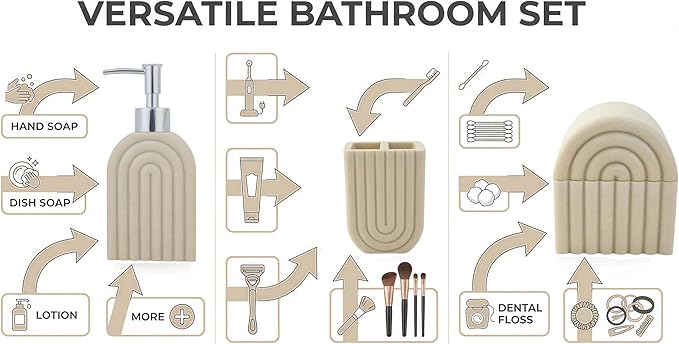 Bathroom Accessory Set, 5 Pcs Bathroom Essentials Sets Accessories, Soap Dispenser Set, Toothbrush Holder, Vanity Tray, Tumbler, Cotton Swab Jars, Bathroom Organizer for Modern Bathrooms(Beige)