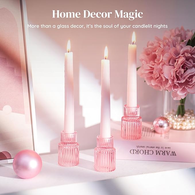 Glasseam Glass Tapered Candlestick Holders: 20 Pcs Ribbed Pink Candle Sticks Holder Decor Modern Fluted Taper Candle Holders Bulk for Table Centerpiece Pink Wedding Decor Valentine Dinner Parties