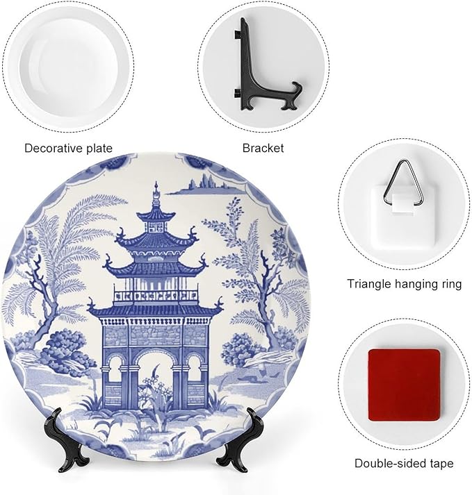 Chinoiserie Blue Asian Pagoda Plates Ceramic of 6", 7", 9", 10", Custom Ceramic Dinner Plates, Farmhouse Table Decorations Display, with Display Stand And Hook Up