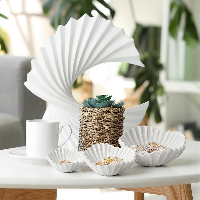 3 Pcs Ceramic Ruffle Bowl 3 Sizes Scalloped White Decorative Bowls Fruit or Key Holder for Modern Home Decor Entryway Living Room Coffee Table Centerpiece Decor Housewarming Gifts