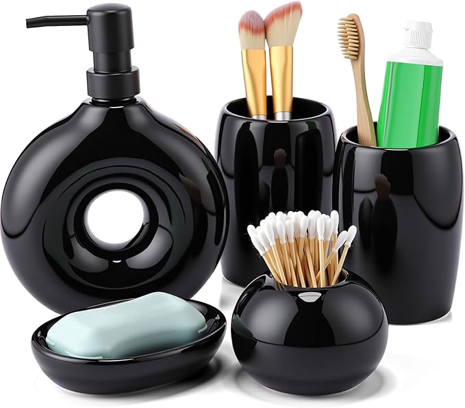 5 Pcs Ceramic Bathroom Accessories Set Includes Soap Dispenser Toothbrush Cup Holder Soapbox Holder Stylish Modern Bathroom Matte Glaze Decor (Black)