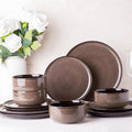 LeRatio Ceramic Dinnerware Sets for 4,12-Piece Plates and Bowls,Handmade Reactive Glaze Dishes Set, Scratch Resistant | Oven&Dishwasher & Microwave Safe,Service for 4（12pcs),Modern-Chestnut