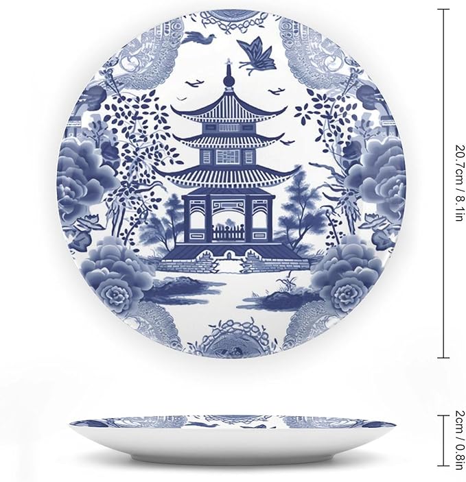 Chinoiserie Blue Asian Pagoda Fashion Plates of 6", 7", 9", 10", Customize Ceramic Display Plate, Wall Office Decorations Farmhouse, Unique Art with Stand