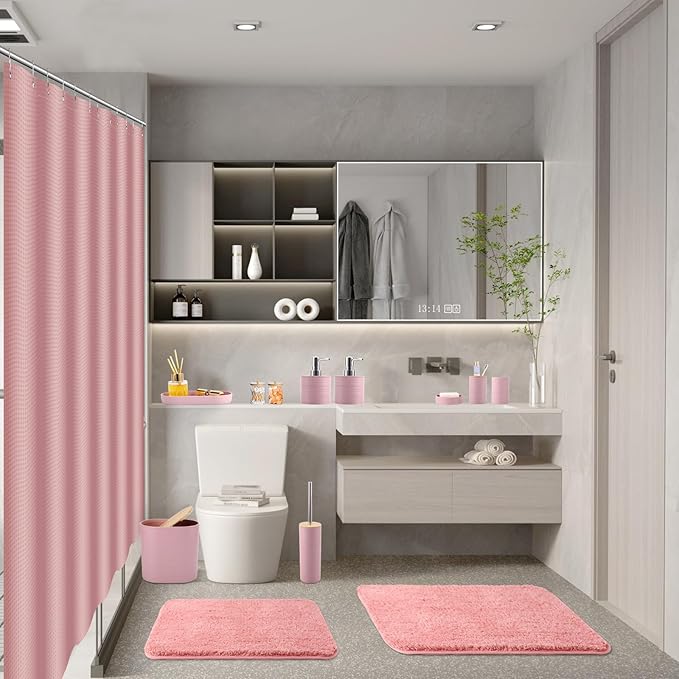 Bathroom Set - Pink Bathroom Accessories Set, Bathroom Sets with Shower Curtain and Rugs, 25PC Shower Curtain Set with Hooks, Soap Dispenser, Soap Dish, Toilet Brush Holder and Trash Can