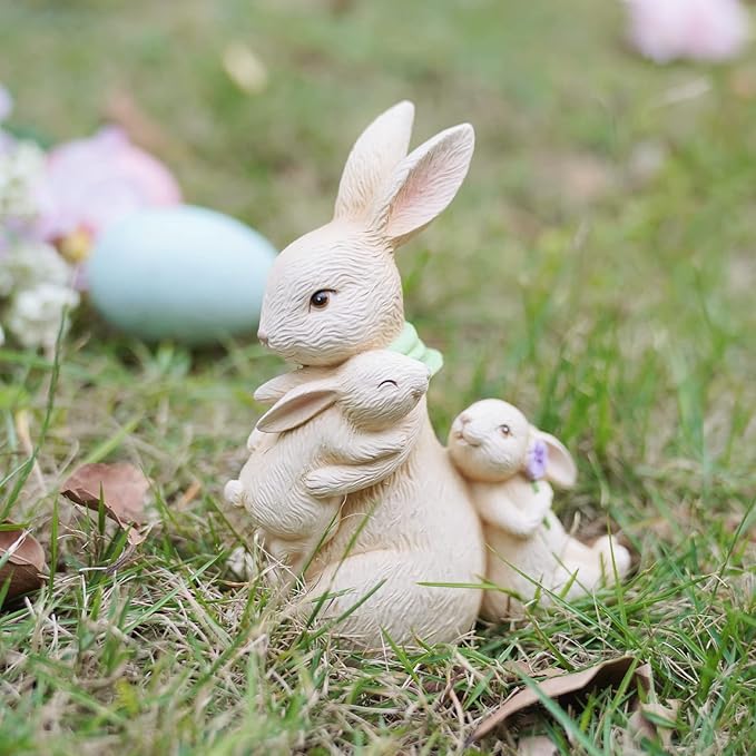 Newman House Studio Easter Decorations Family Bunny Figurines Spring-Decor - Resin Sitting Bunny Mom with Kids Tabletop Decorations for Home Farmhouse 3.5 * 1.5 * 4.5 inch