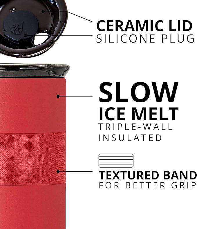Elemental Personalized Artisan Insulated Tumbler, Triple Wall Coffee Travel Tumbler, Reusable Stainless Steel Coffee Tumbler with Ceramic Lid, Thermal Coffee Cup for Hot & Cold, 16oz - Red