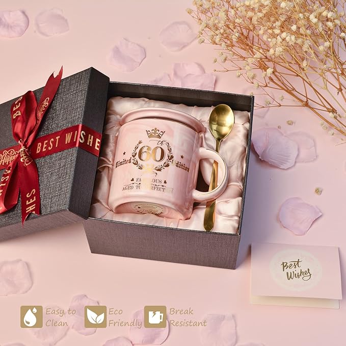 60th Birthday Gifts for Women - Fabulous 1966 Aged to Perfection Happy Birthday Mug - Limited Edition 60th Pink Coffee Mug Printed with Gold, Gift Idea for Turning 60 Years Old Women, Gift Boxed
