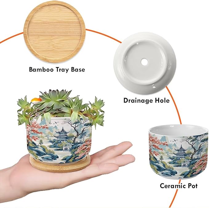 5 Piece Ceramics Planters for Indoor Blue Asia Tiered Tower Coral Pink Flower Small Ceramics Planter Chinoiserie Garden Scenery Succulent Planters Chinoiserie Chic Asian Plant Pot