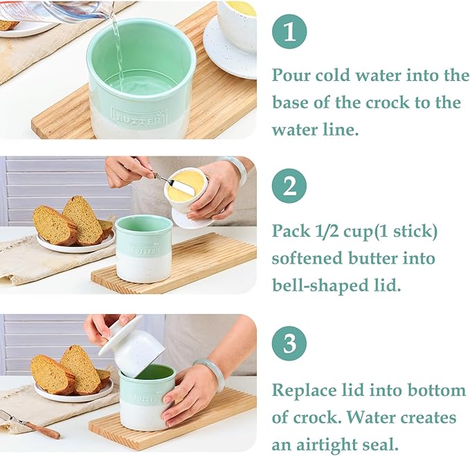 NUTRIUPS Ceramic Butter Crock, Butter Dish with Lid for Countertop with Water Line, French Retro Butter Crock for Spreadable Butter (Cyan Mist White)