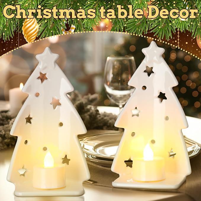 Yungyan 2 Pcs Christmas Tree Candle Holder Ceramics Christmas Tealight Holders Votive Candlestick White Xmas Tree Silhouette for Tea Light Taper Candles Table Centerpiece Home Mantel Fireplace Decor