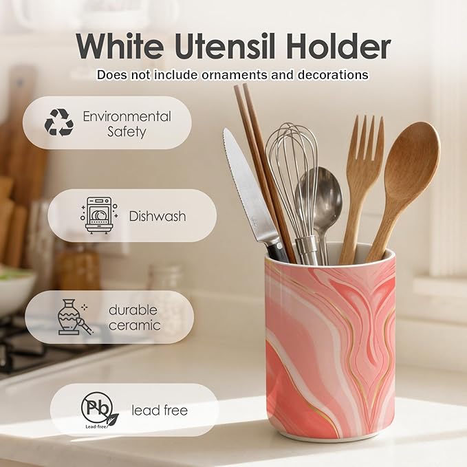 pink marble utensil holder,Countertop Ceramic Utensil Holder,Large Cooking Utensil Crocks for Kitchen Counter Decor,Ceramic Vase for Kitchen Utensils,H6.3 xD4.7(Pink marble)
