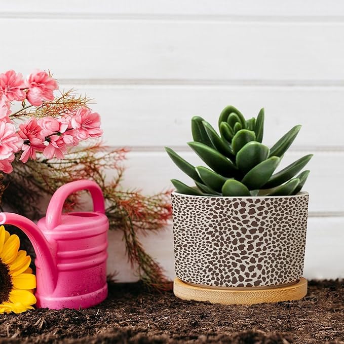 Brown Leopard Print Ceramic Planters African Animal Stripe Planters for Indoor Plants with Drainage Holes and Saucers Pot for Home Office Decoration